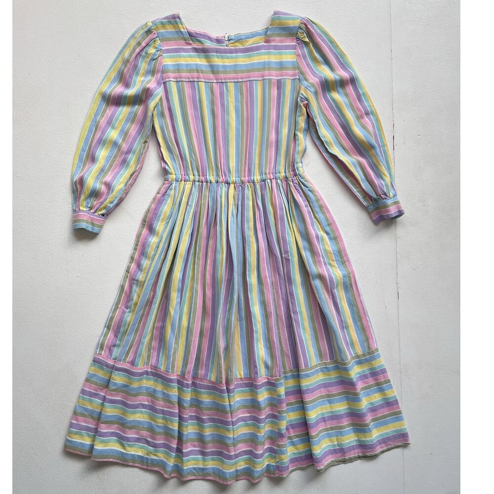 Vtg 80s Pastel Colorful Striped Full Long Sleeve Dress / Sz S/M / Retro Twee